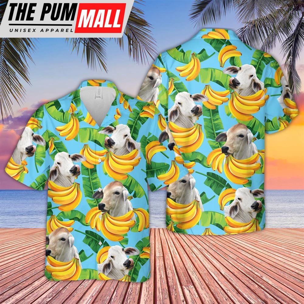 Farm Hawaiian Shirt, Brahman Cattle Banana Pattern 3D Hawaiian Shirt, Animal Hawaiian Shirt