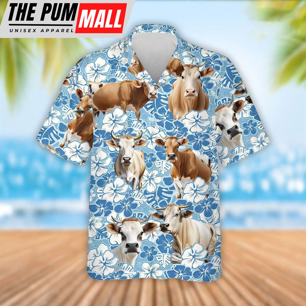 Farm Hawaiian Shirt, Brahman Cattle Blue Flower Pattern 3D Hawaiian Shirt, Summer Gift, Animal Hawaiian Shirt