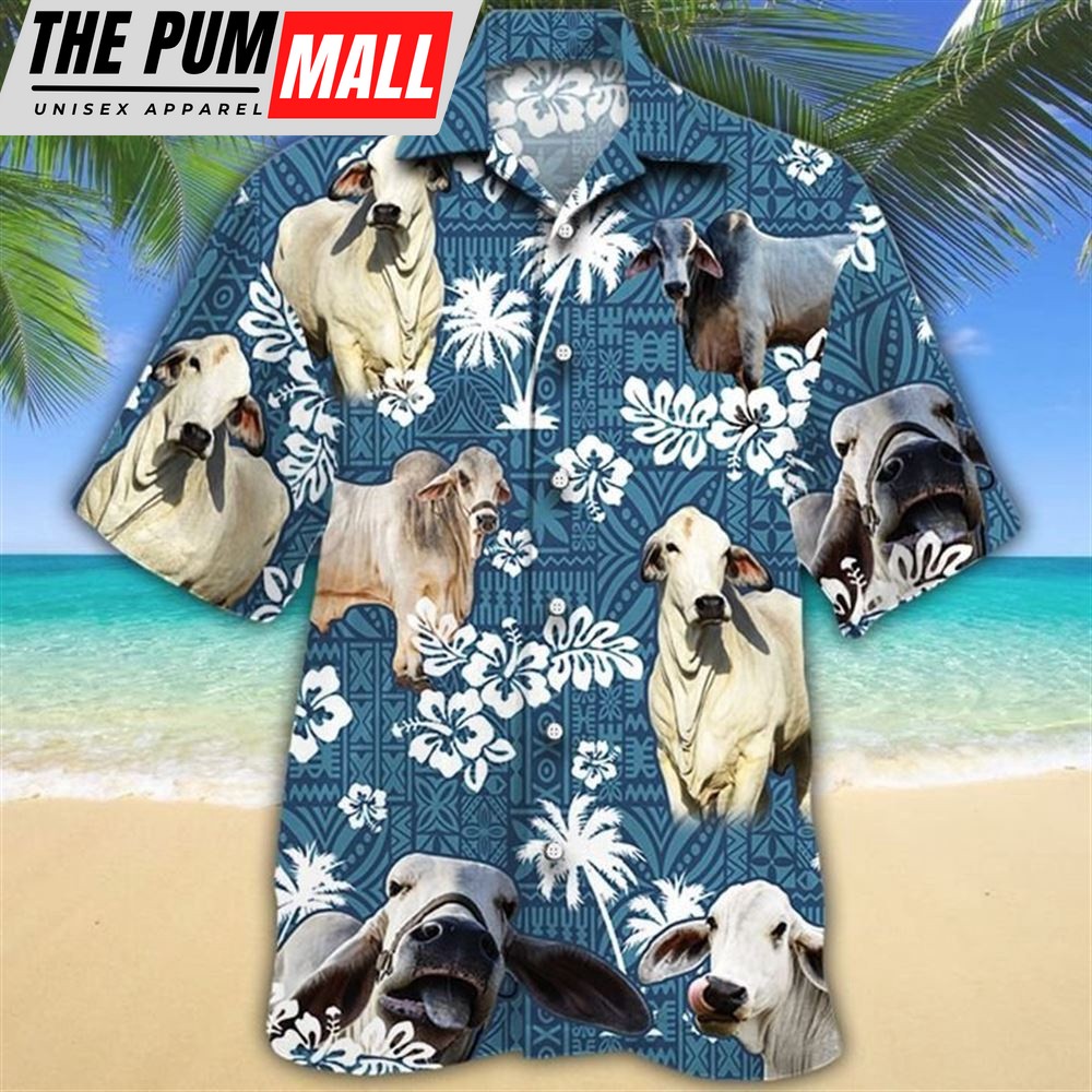 Farm Hawaiian Shirt, Brahman Cattle Blue Tribal All Over Printed 3D Hawaiian Shirt, Animal Hawaiian Shirt