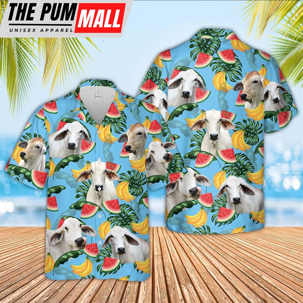 Farm Hawaiian Shirt, Brahman Cattle Blue Tropical Fruits Pattern Hawaiian Shirt, Animal Hawaiian Shirt