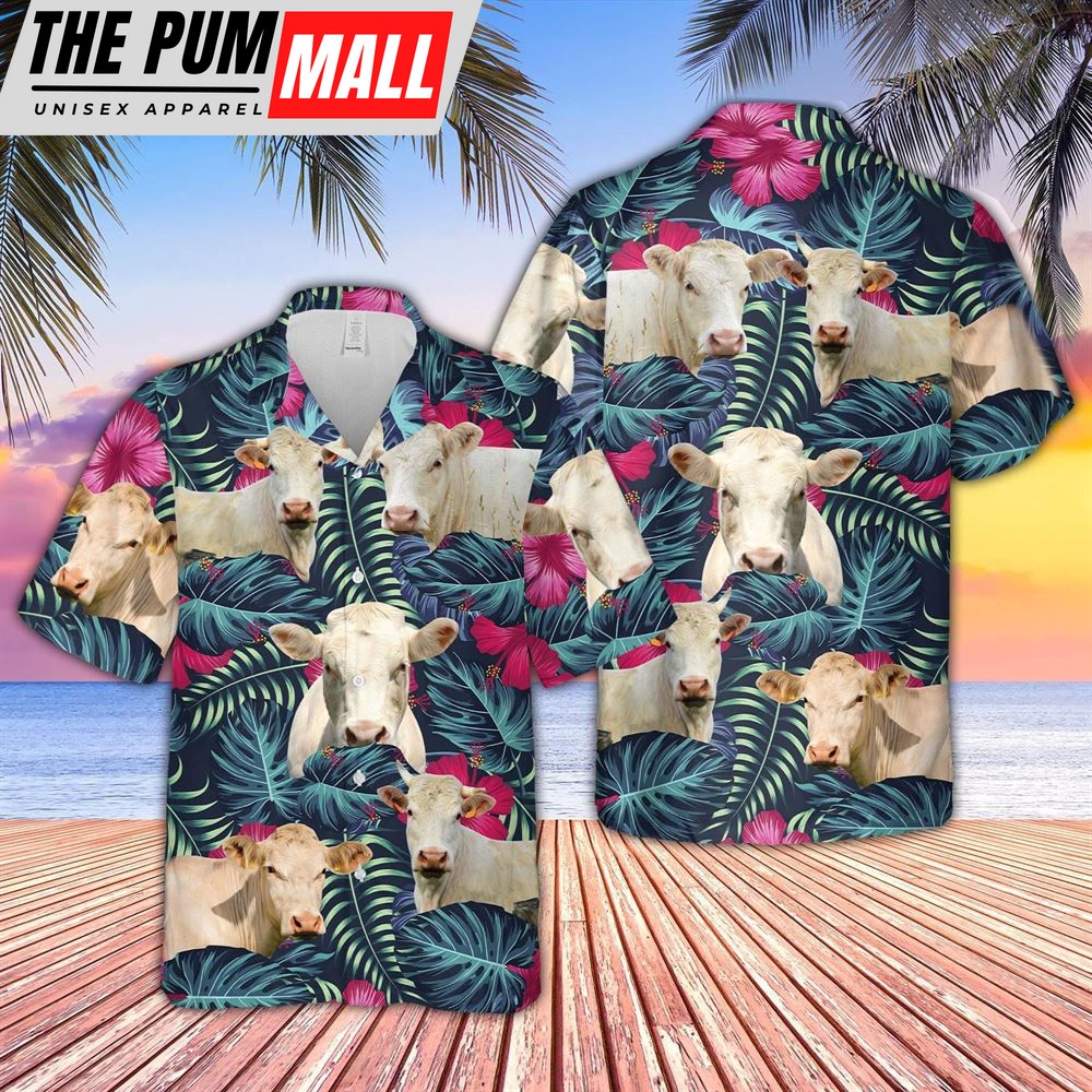 Farm Hawaiian Shirt, Brahman Cattle Floral Tropical Leaves Pattern Hawaiian Shirt, Animal Hawaiian Shirt
