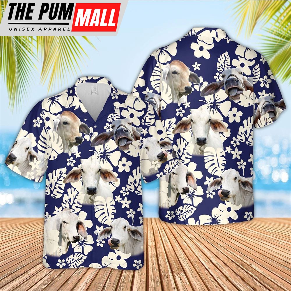 Farm Hawaiian Shirt, Brahman Cattle Flower Blue Pattern 3D Hawaiian Shirt, Animal Hawaiian Shirt