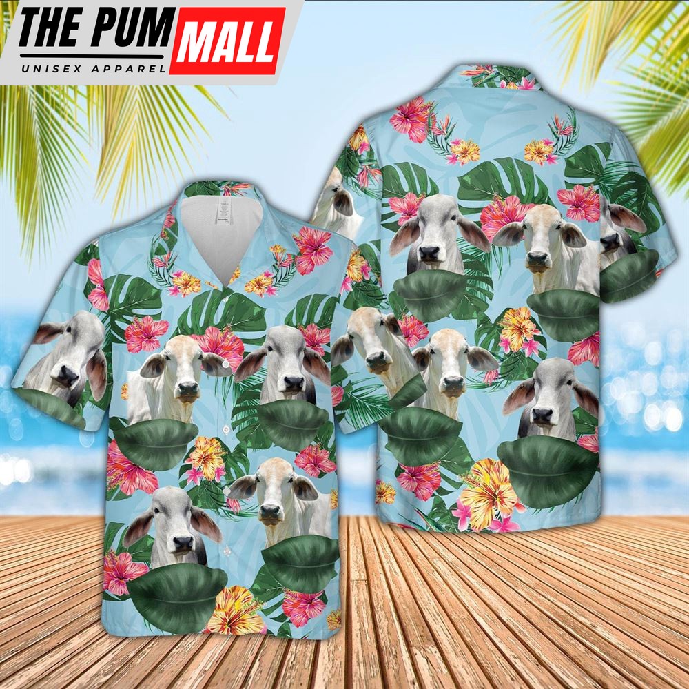 Farm Hawaiian Shirt, Brahman Cattle Flower Pattern 3D Hawaiian Shirt, Animal Hawaiian Shirt