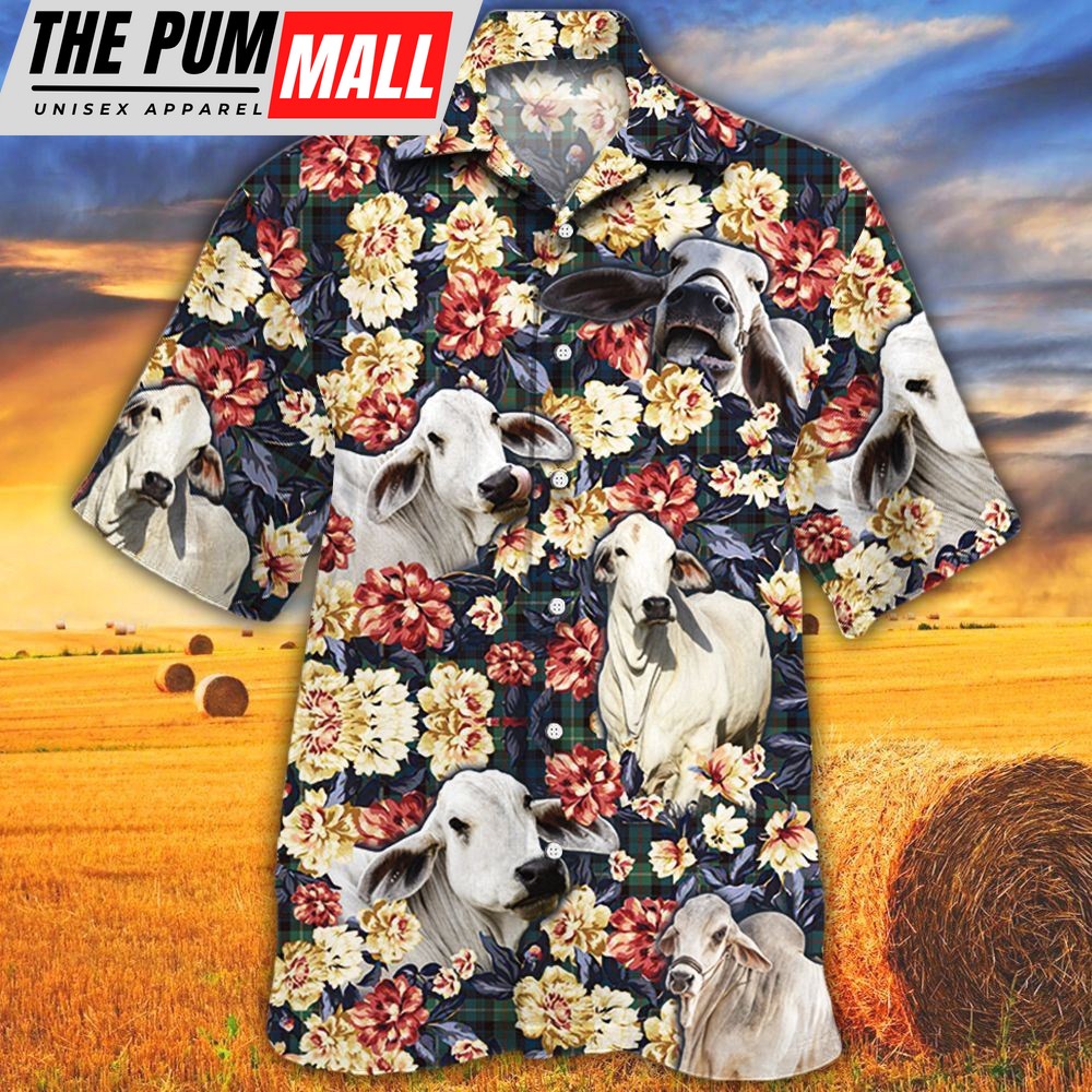 Farm Hawaiian Shirt, Brahman Cattle Green Plaid Pattern All Over Printed 3D Hawaiian Shirt, Animal Hawaiian Shirt