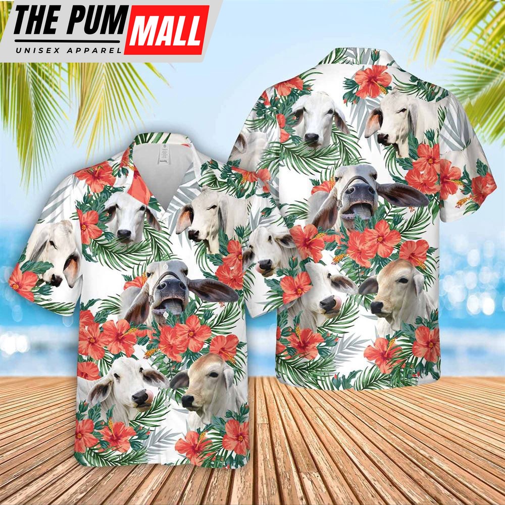 Farm Hawaiian Shirt, Brahman Cattle Hibucis Flower Pattern 3D Hawaiian Shirt, Animal Hawaiian Shirt