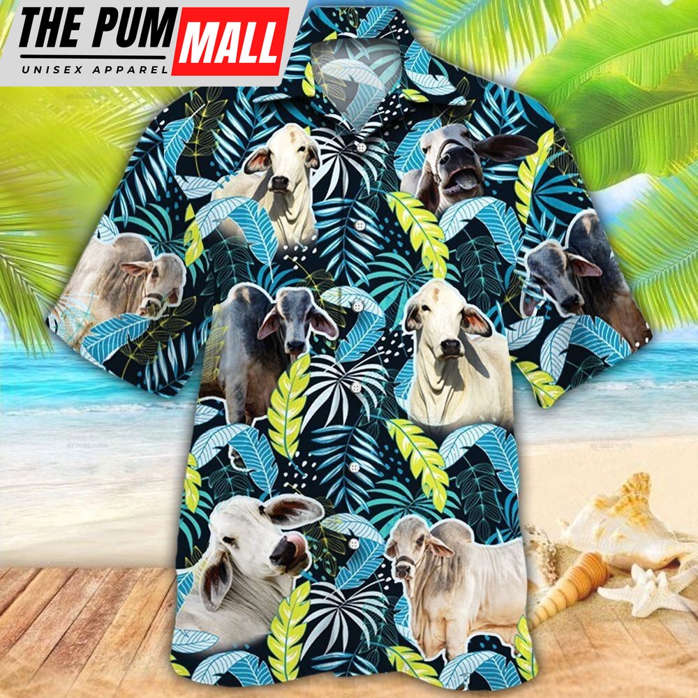 Farm Hawaiian Shirt, Brahman Cattle Jungle Leaves All Over Printed 3D Hawaiian Shirt, Animal Hawaiian Shirt