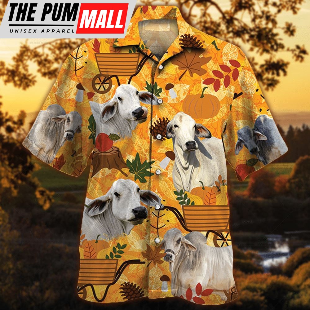 Farm Hawaiian Shirt, Brahman Cattle Nature Autumn Pumpkin All Over Printed 3D Hawaiian Shirt, Animal Hawaiian Shirt