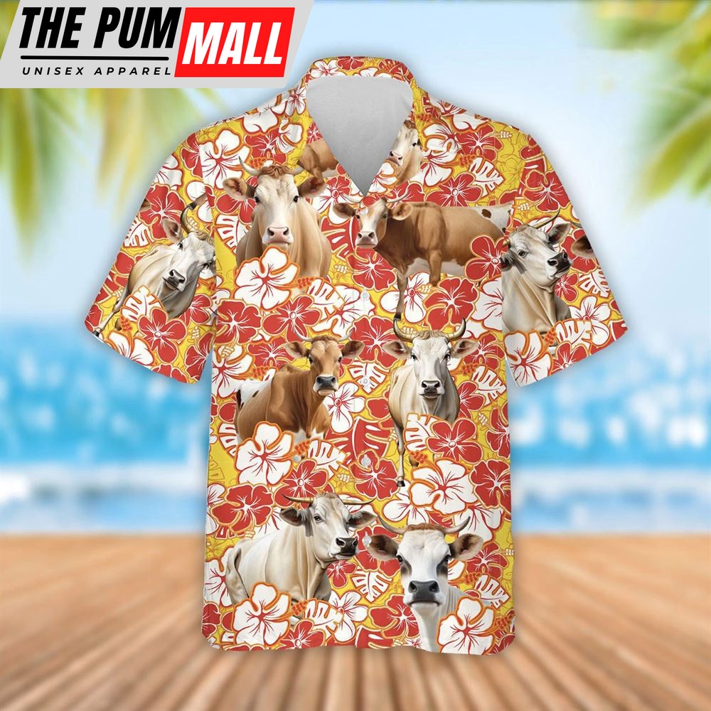Farm Hawaiian Shirt, Brahman Cattle Orange Flower Pattern 3D Hawaiian Shirt, Summer Gift, Animal Hawaiian Shirt