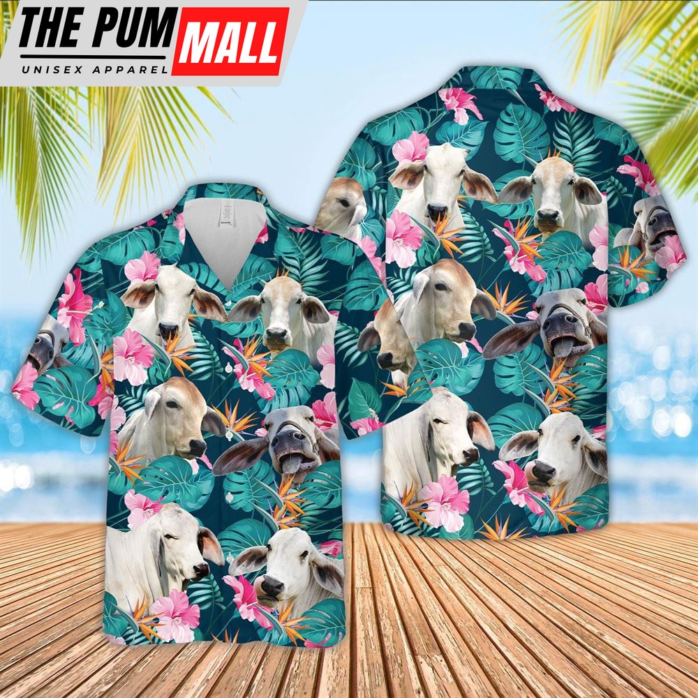 Farm Hawaiian Shirt, Brahman Cattle Palm Leaves Pattern Hawaiian Shirt, Animal Hawaiian Shirt
