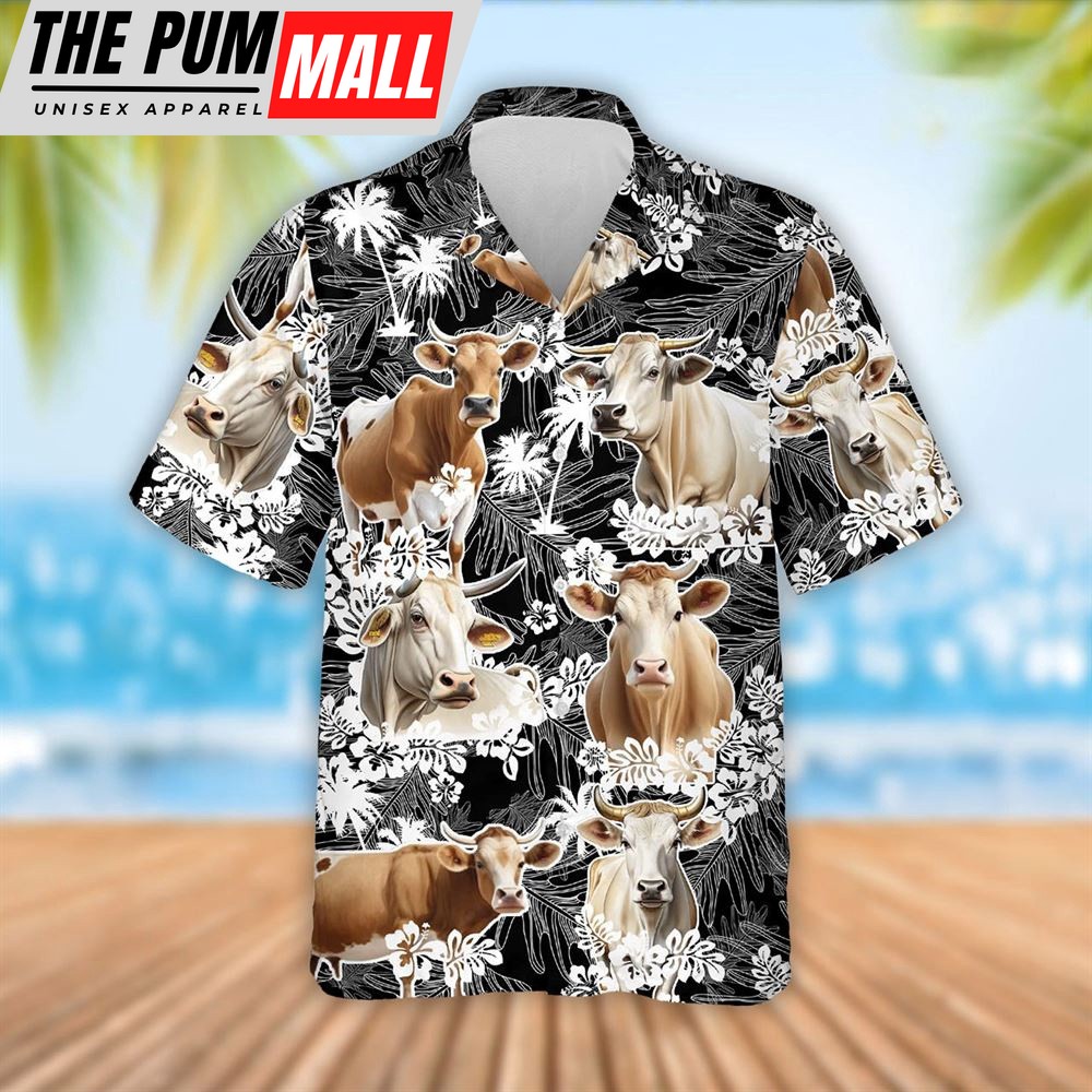 Farm Hawaiian Shirt, Brahman Cattle Palm Tree Pattern Hawaiian Shirt, Summer Gift, Animal Hawaiian Shirt