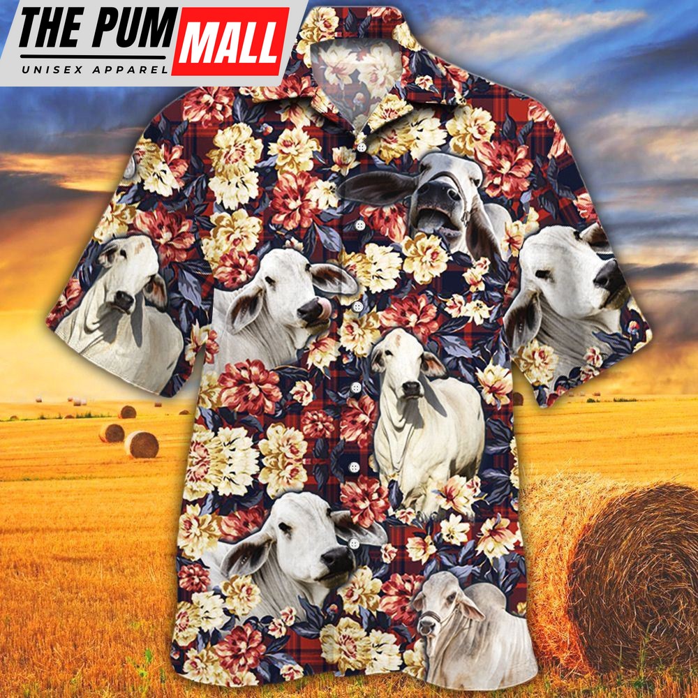 Farm Hawaiian Shirt, Brahman Cattle Red Plaid Pattern All Over Printed 3D Hawaiian Shirt, Animal Hawaiian Shirt