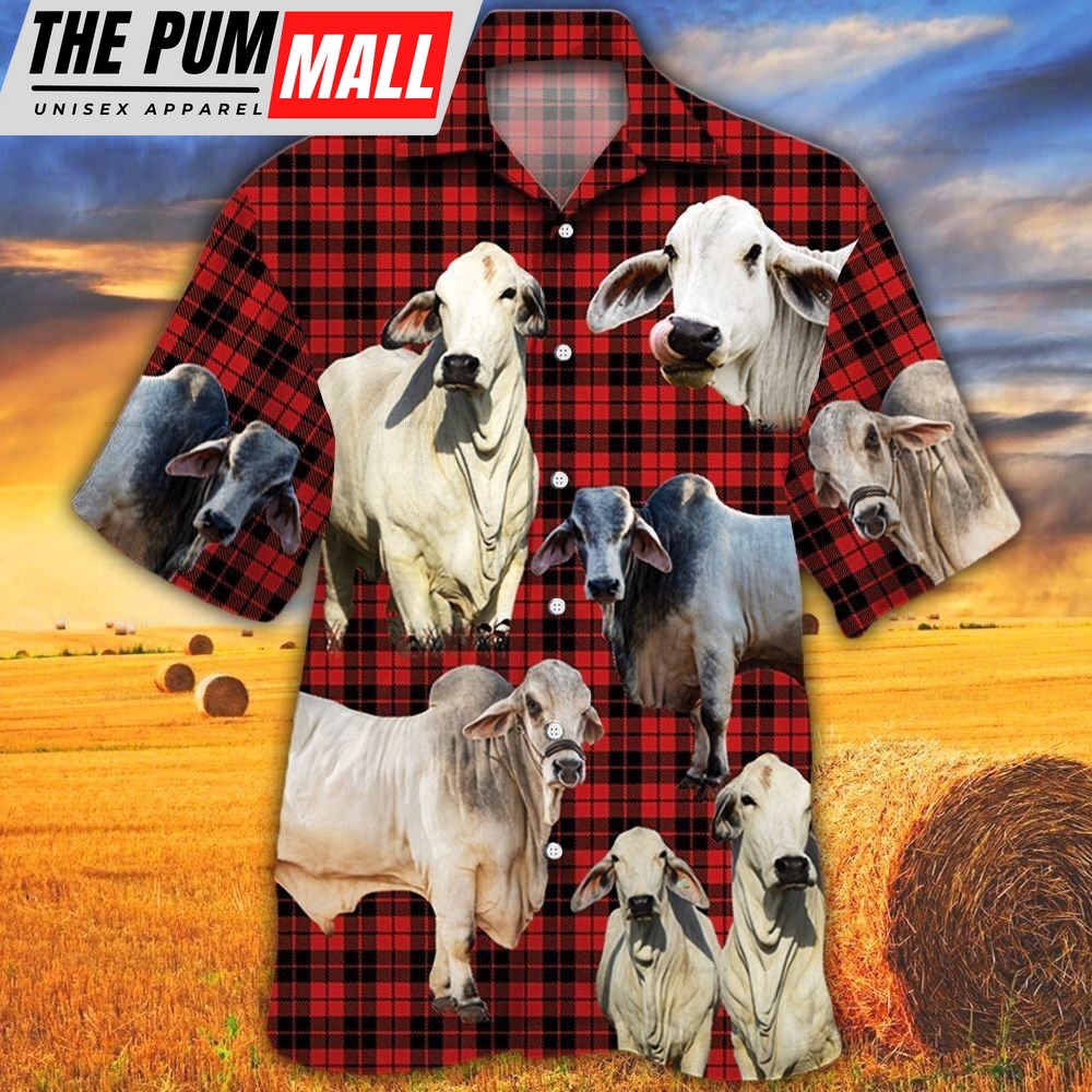 Farm Hawaiian Shirt, Brahman Cattle Red Tartan Pattern All Over Printed 3D Hawaiian Shirt, Animal Hawaiian Shirt
