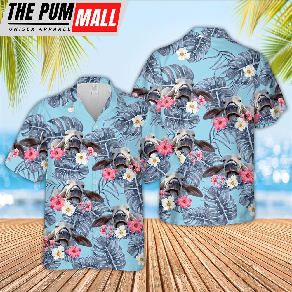 Farm Hawaiian Shirt, Brahman Cattle Sierra Blue Pattern 3D Hawaiian Shirt, Animal Hawaiian Shirt