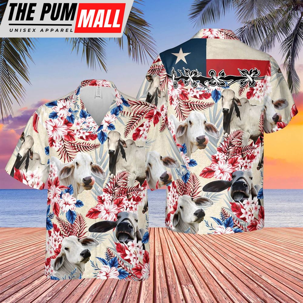 Farm Hawaiian Shirt, Brahman Cattle Texas Flag Hawaiian Flowers All Over Printed 3D Hawaiian Shirt, Animal Hawaiian Shirt
