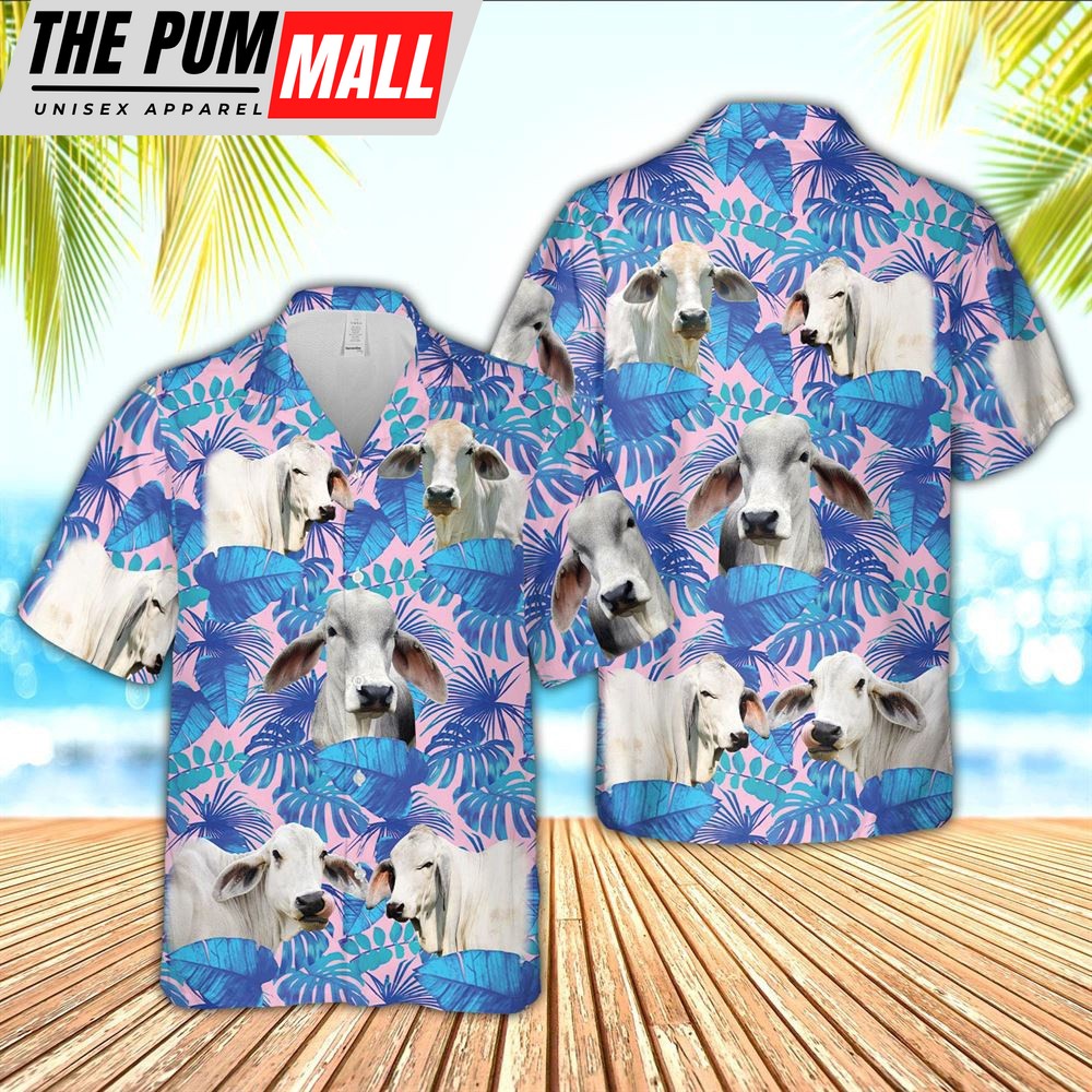 Farm Hawaiian Shirt, Brahman Cattle Tropical Blue Palm Leaves Hawaiian Shirt, Animal Hawaiian Shirt