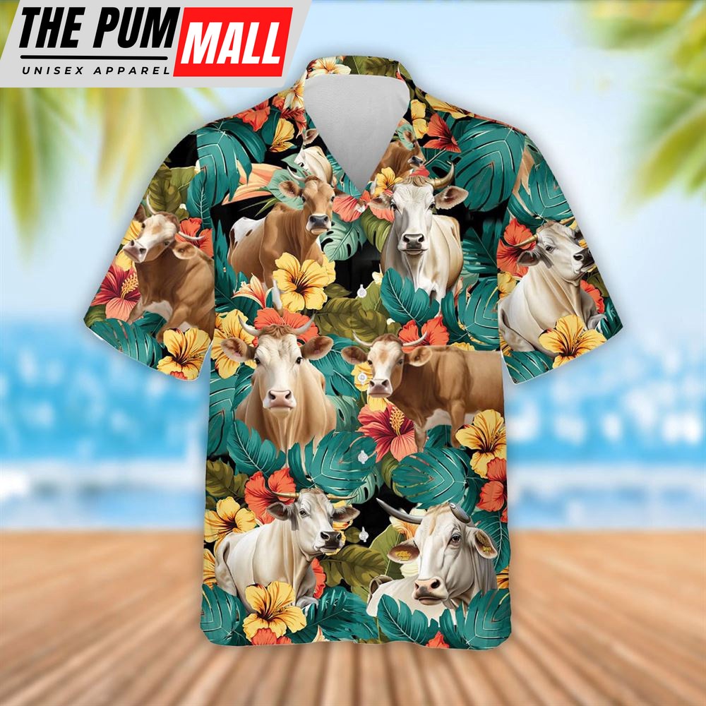 Farm Hawaiian Shirt, Brahman Cattle Tropical Flowers Hawaiian Shirt, Summer Gift, Animal Hawaiian Shirt