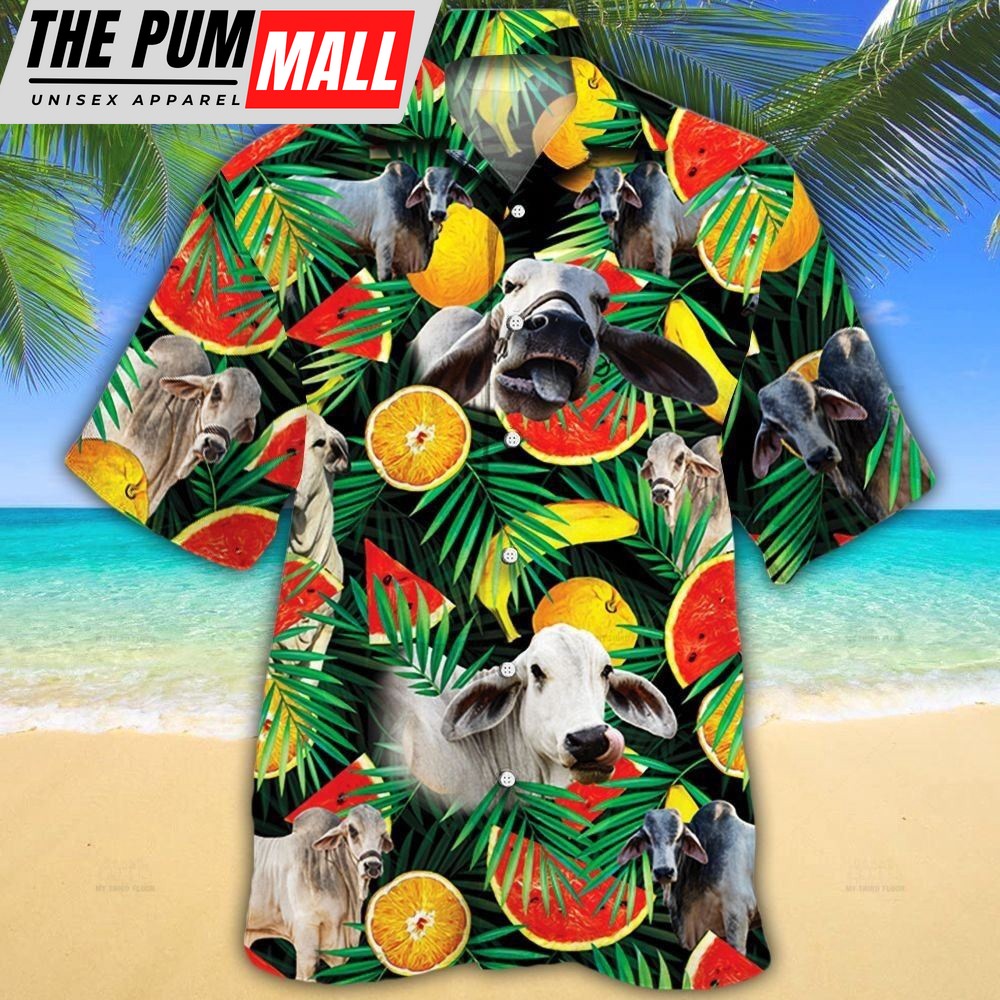 Farm Hawaiian Shirt, Brahman Cattle Tropical Fruits All Over Printed 3D Hawaiian Shirt, Animal Hawaiian Shirt