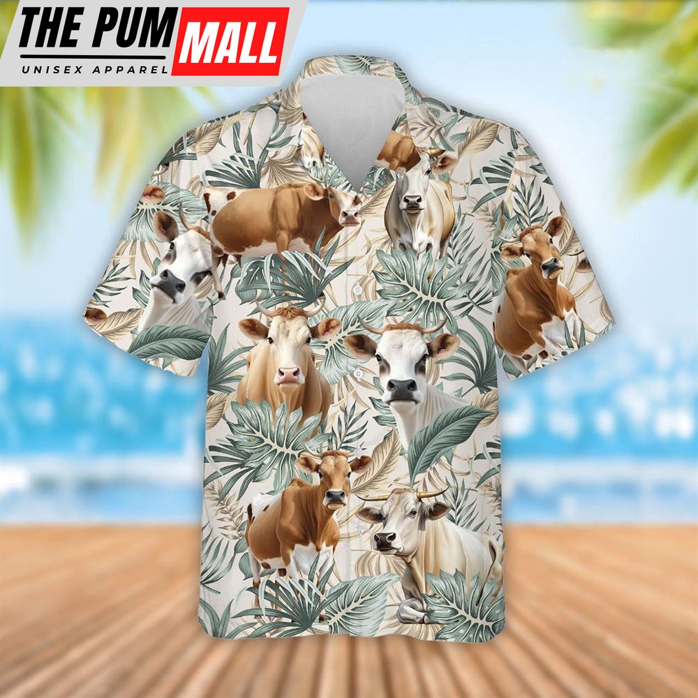 Farm Hawaiian Shirt, Brahman Cattle Tropical Leaf Pattern Hawaiian Shirt, Summer Gift, Animal Hawaiian Shirt