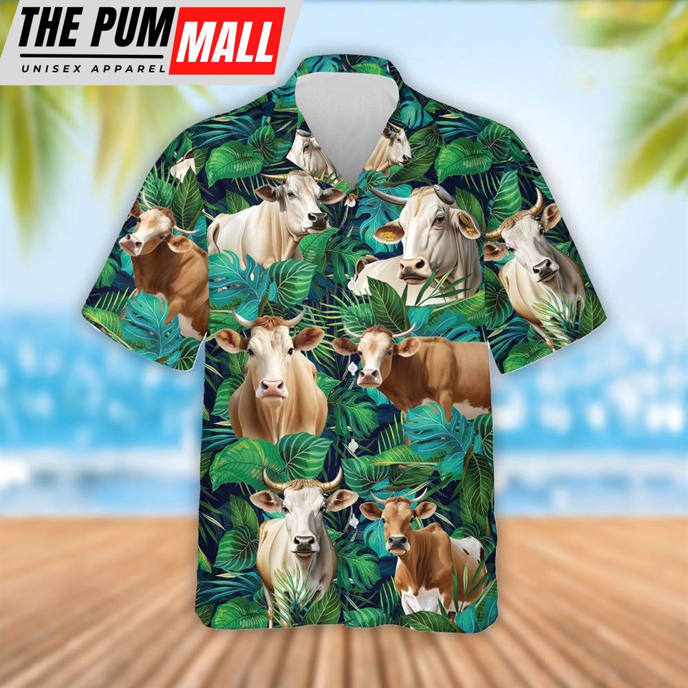 Farm Hawaiian Shirt, Brahman Cattle Tropical Leaves Hawaiian Shirt, Summer Gift, Animal Hawaiian Shirt