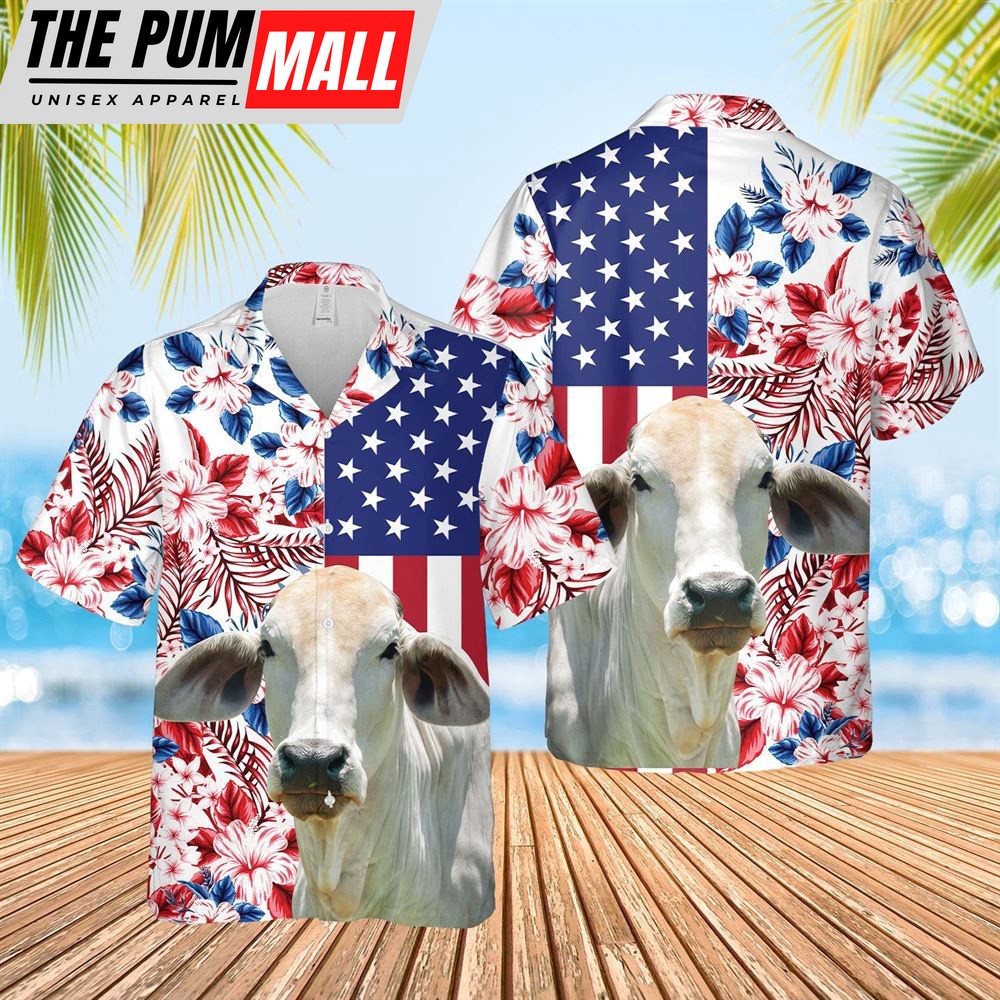 Farm Hawaiian Shirt, Brahman Cattle Us Flag Flower 3D Hawaiian Shirt, Animal Hawaiian Shirt