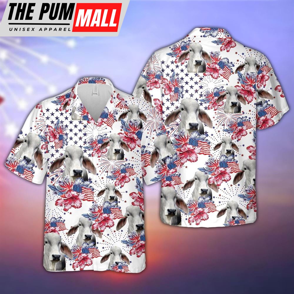 Farm Hawaiian Shirt, Brahman Cattle Us Flag Flower Pattern 3D Hawaiian Shirt, Summer Gift, Animal Hawaiian Shirt