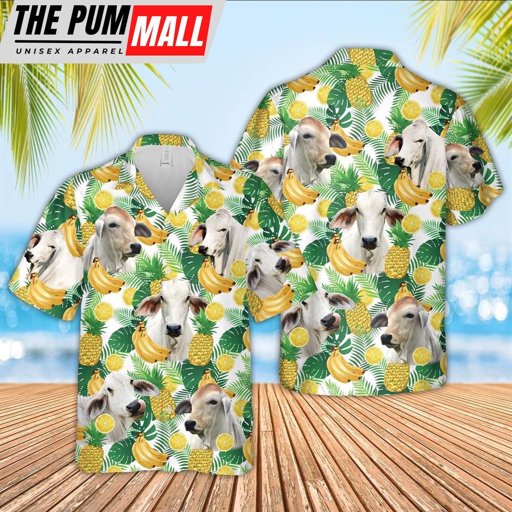 Farm Hawaiian Shirt, Brahman Cattle White Tropical Fruits Pattern Hawaiian Shirt, Animal Hawaiian Shirt