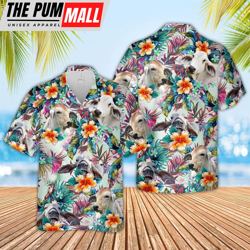 Farm Hawaiian Shirt, Brahman Colorful Leaf Pattern Hawaiian Shirt, Animal Hawaiian Shirt