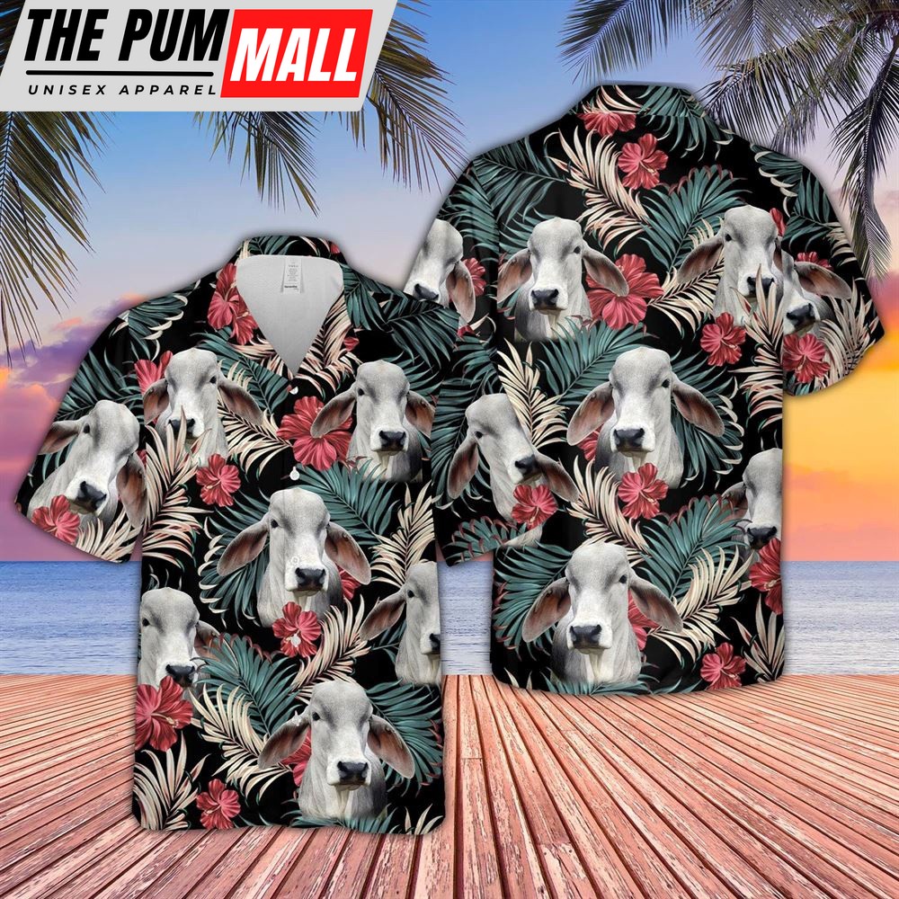 Farm Hawaiian Shirt, Brahman Dark Red Flowers Pattern Hawaiian Shirt, Animal Hawaiian Shirt