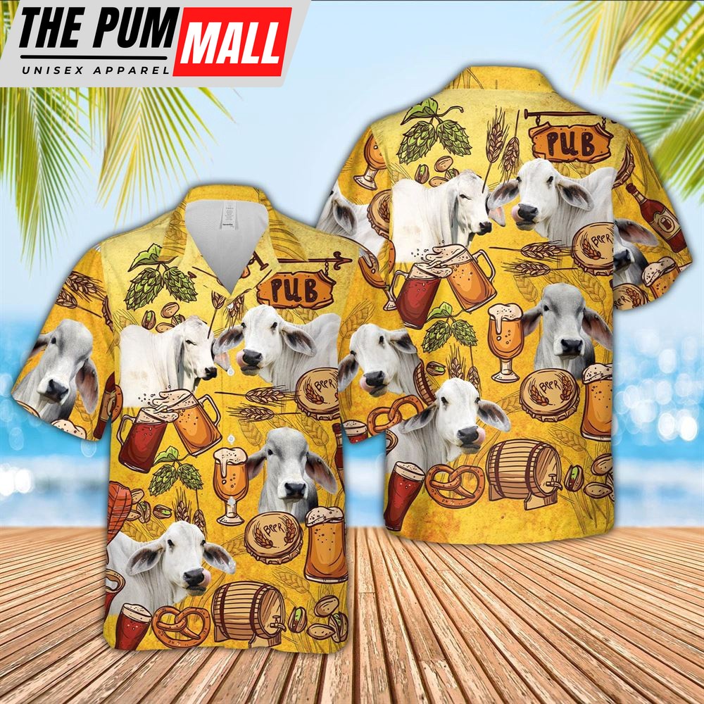 Farm Hawaiian Shirt, Brahman Drink Beer Pattern 3D Hawaiian Shirt, Animal Hawaiian Shirt
