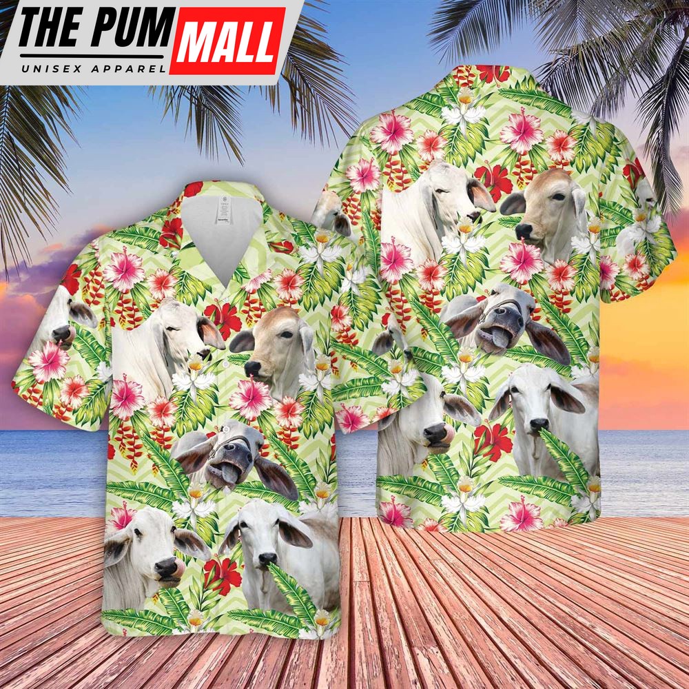 Farm Hawaiian Shirt, Brahman Hibicus Floral 3D Hawaiian Shirt, Animal Hawaiian Shirt