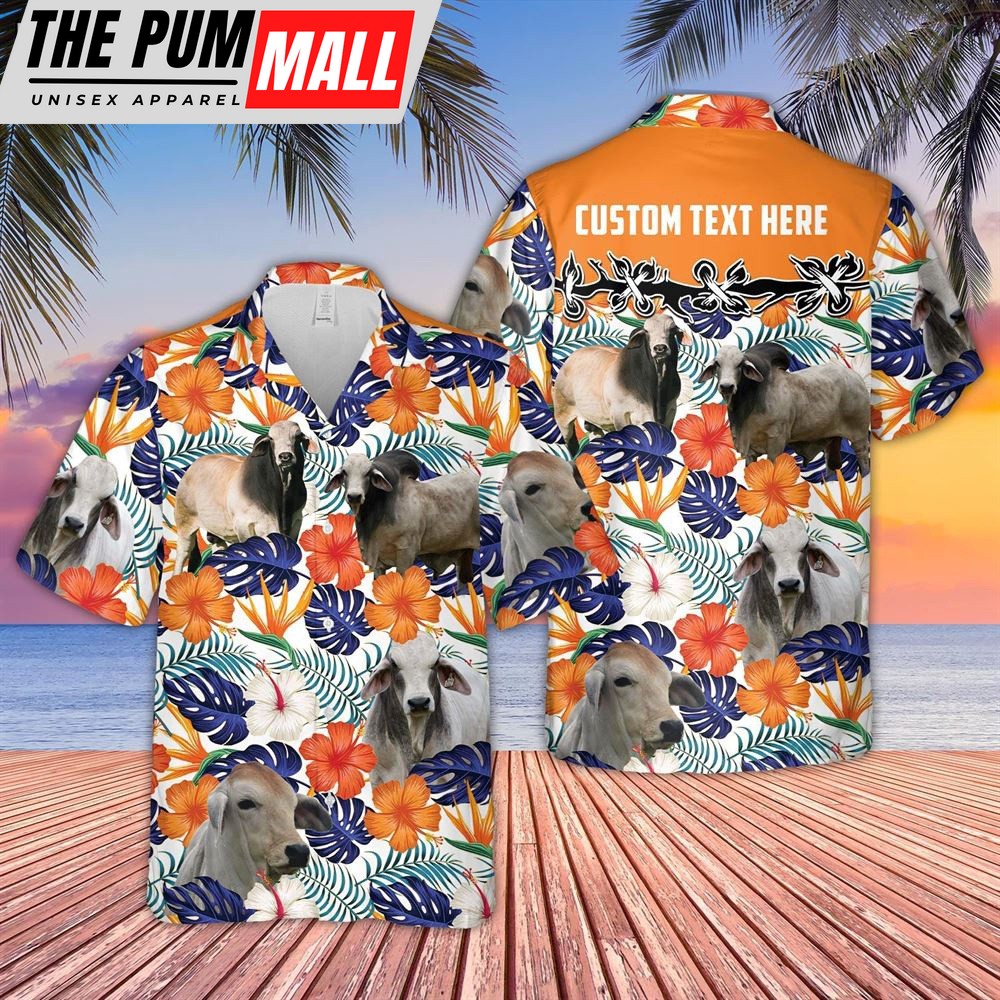Farm Hawaiian Shirt, Brahman Hibiscus Blue Floral Custom Name 3D Hawaiian Shirt, Animal Hawaiian Shirt