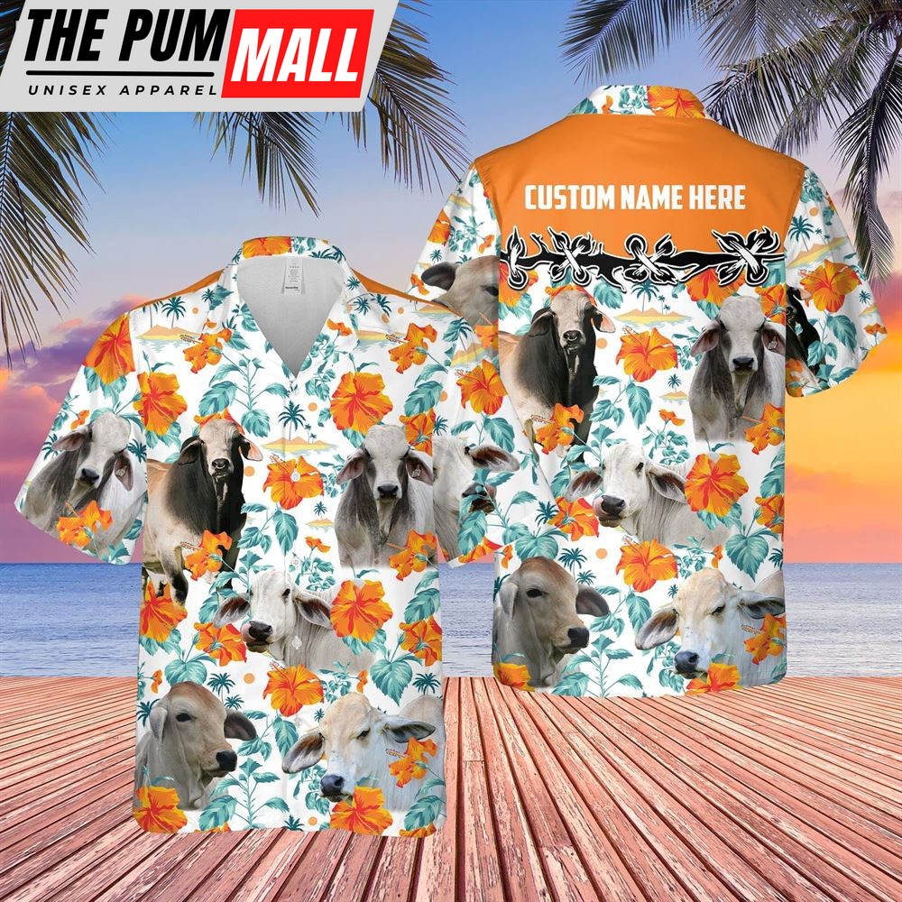 Farm Hawaiian Shirt, Brahman Hibiscus Floral Custom Name 3D Hawaiian Shirt, Animal Hawaiian Shirt