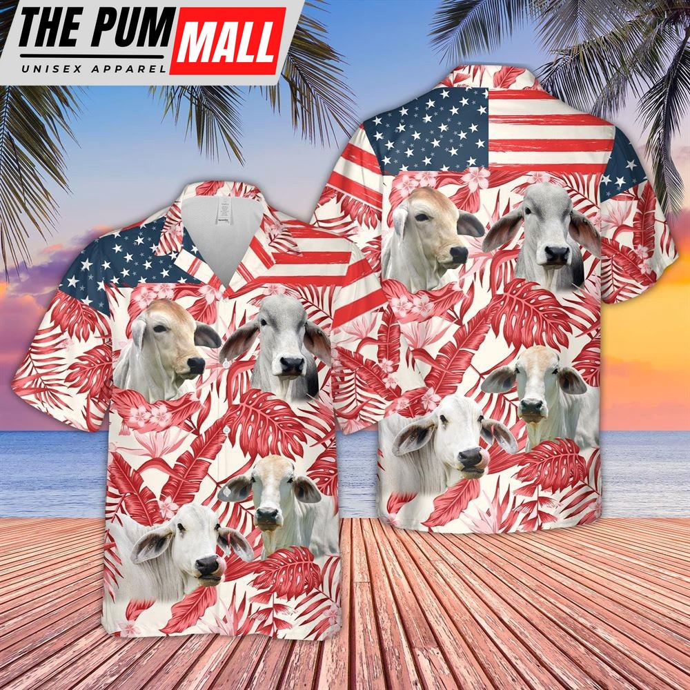 Farm Hawaiian Shirt, Brahman Red Floral Us Flag 3D Hawaiian Shirt, Animal Hawaiian Shirt