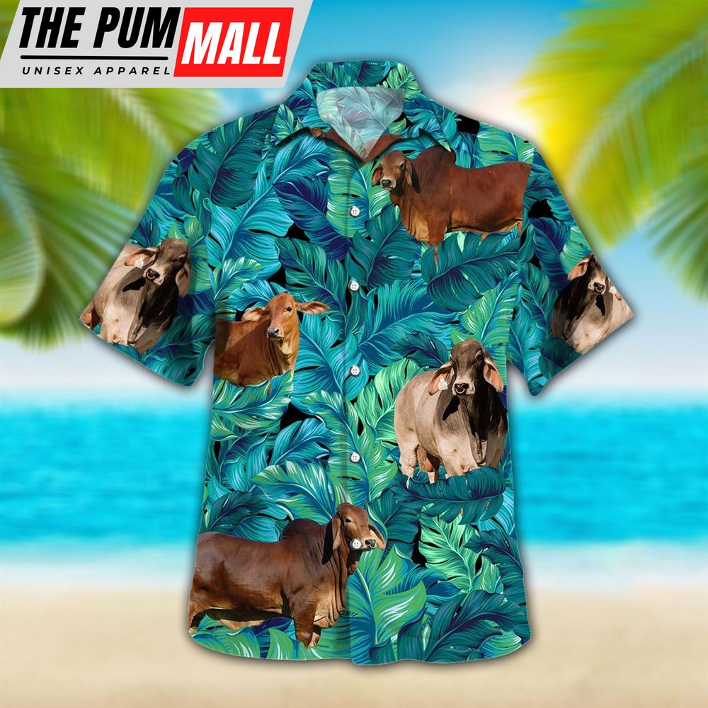 Farm Hawaiian Shirt, Brahman Tropical Hawaiian Palm Leaves All Over Printed 3D Hawaiian Shirt, Animal Hawaiian Shirt