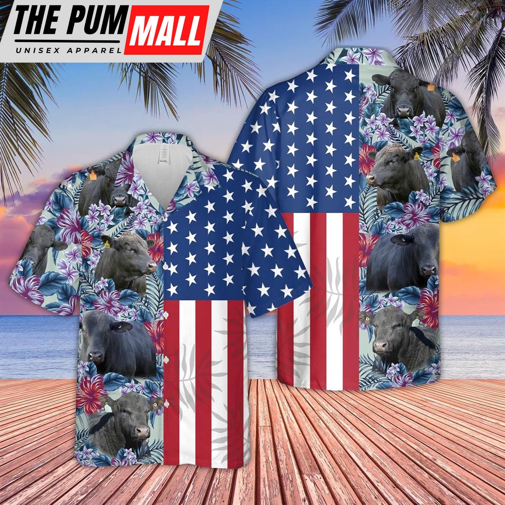 Farm Hawaiian Shirt, Brangus Flower Pattern American 3D Hawaiian Shirt, Animal Hawaiian Shirt