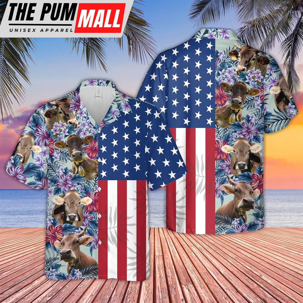 Farm Hawaiian Shirt, Braunvieh Flower Pattern American 3D Hawaiian Shirt, Animal Hawaiian Shirt