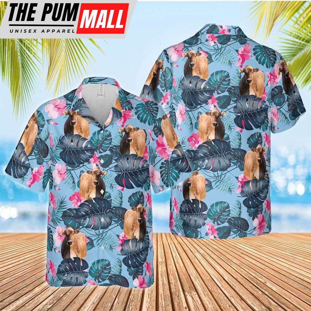 Farm Hawaiian Shirt, Brown Swiss Blue Hibiscus Hawaiian Shirt, Animal Hawaiian Shirt