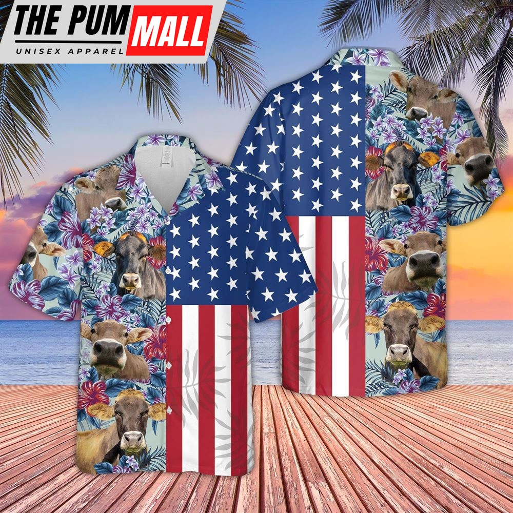 Farm Hawaiian Shirt, Brown Swiss Flower Pattern American 3D Hawaiian Shirt, Animal Hawaiian Shirt