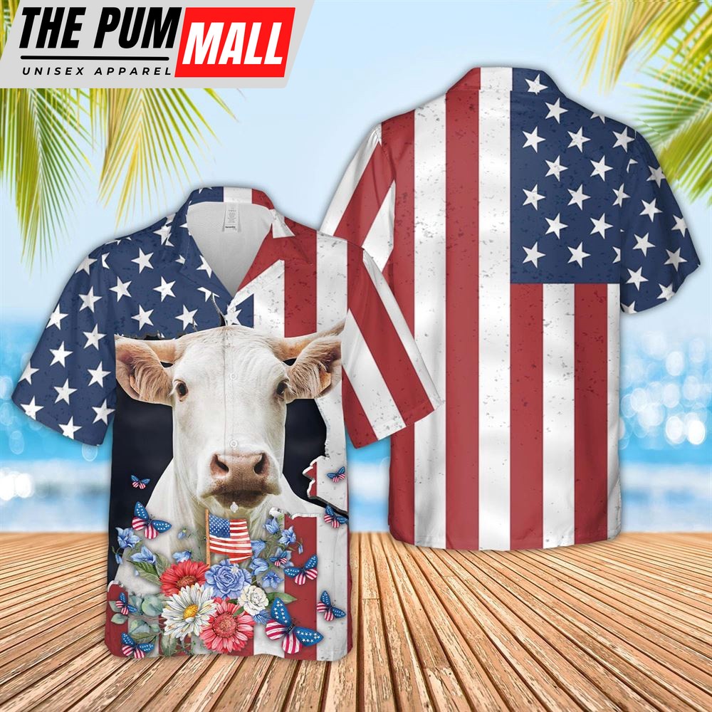 Farm Hawaiian Shirt, Charolais 4Th Of July 3D Hawaiian Shirt, Animal Hawaiian Shirt