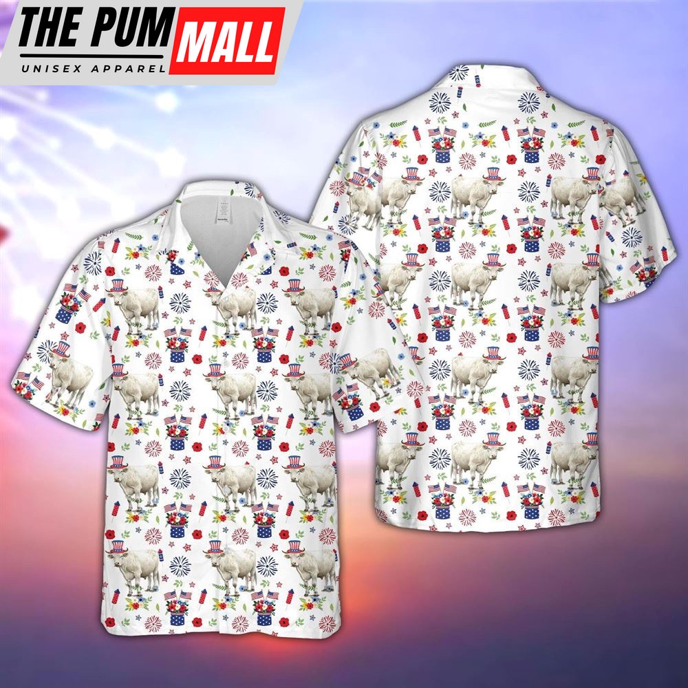 Farm Hawaiian Shirt, Charolais American Flag And Firework Pattern Hawaiian Shirt, Summer Gift, Animal Hawaiian Shirt