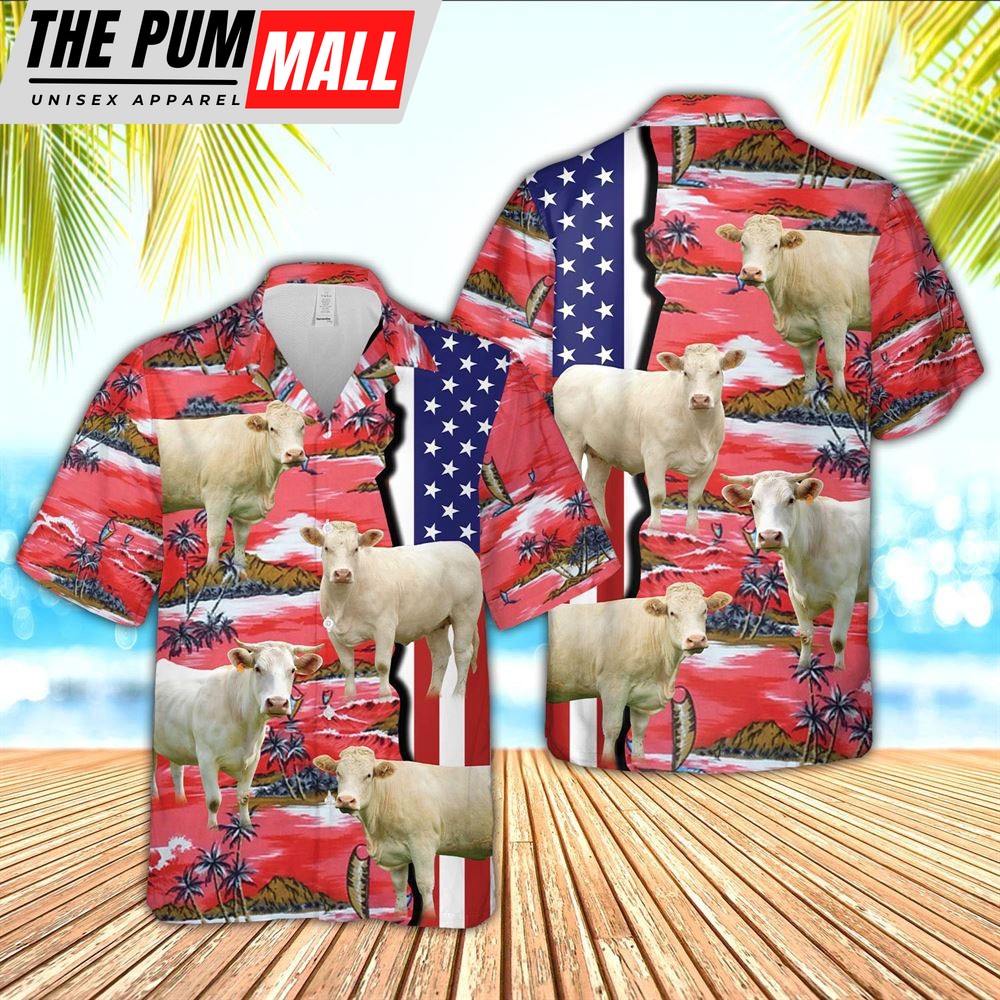 Farm Hawaiian Shirt, Charolais American Flag Farming 3D Hawaiian Shirt, Animal Hawaiian Shirt