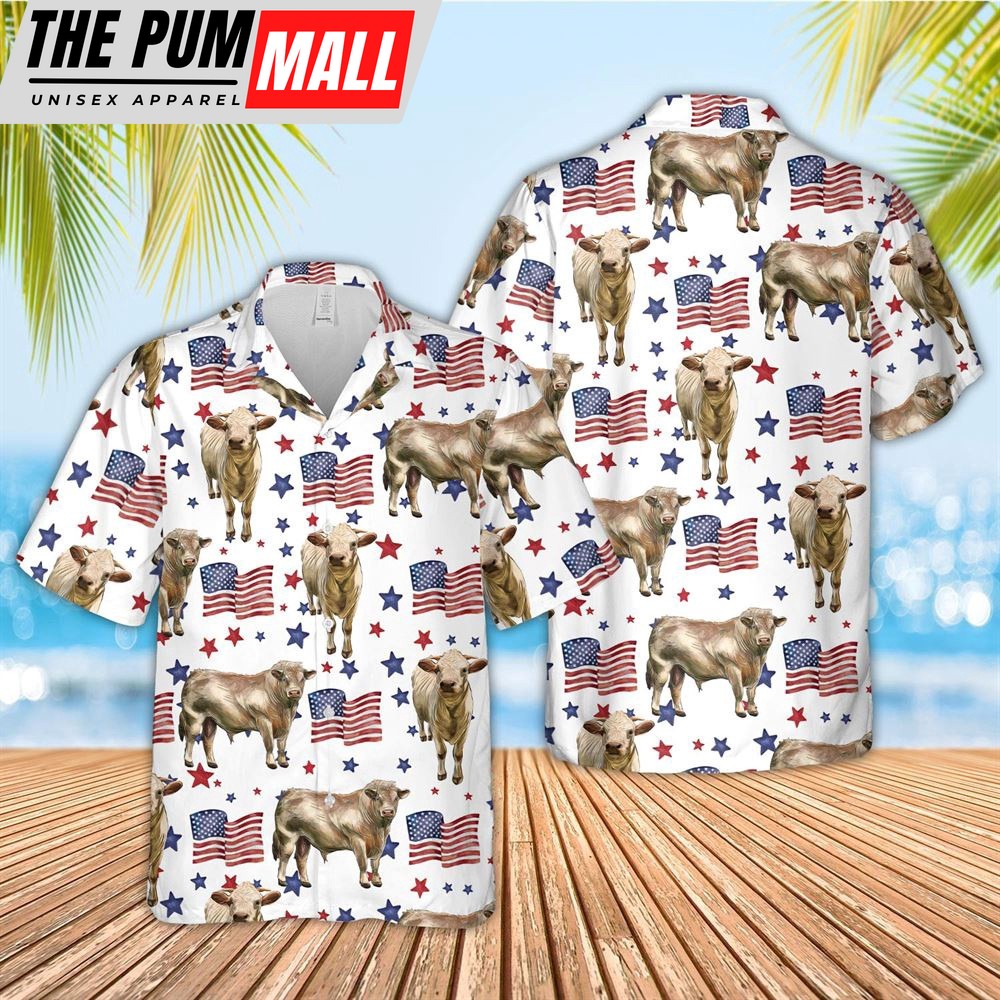 Farm Hawaiian Shirt, Charolais American Flag Pattern Hawaiian Shirt, Animal Hawaiian Shirt