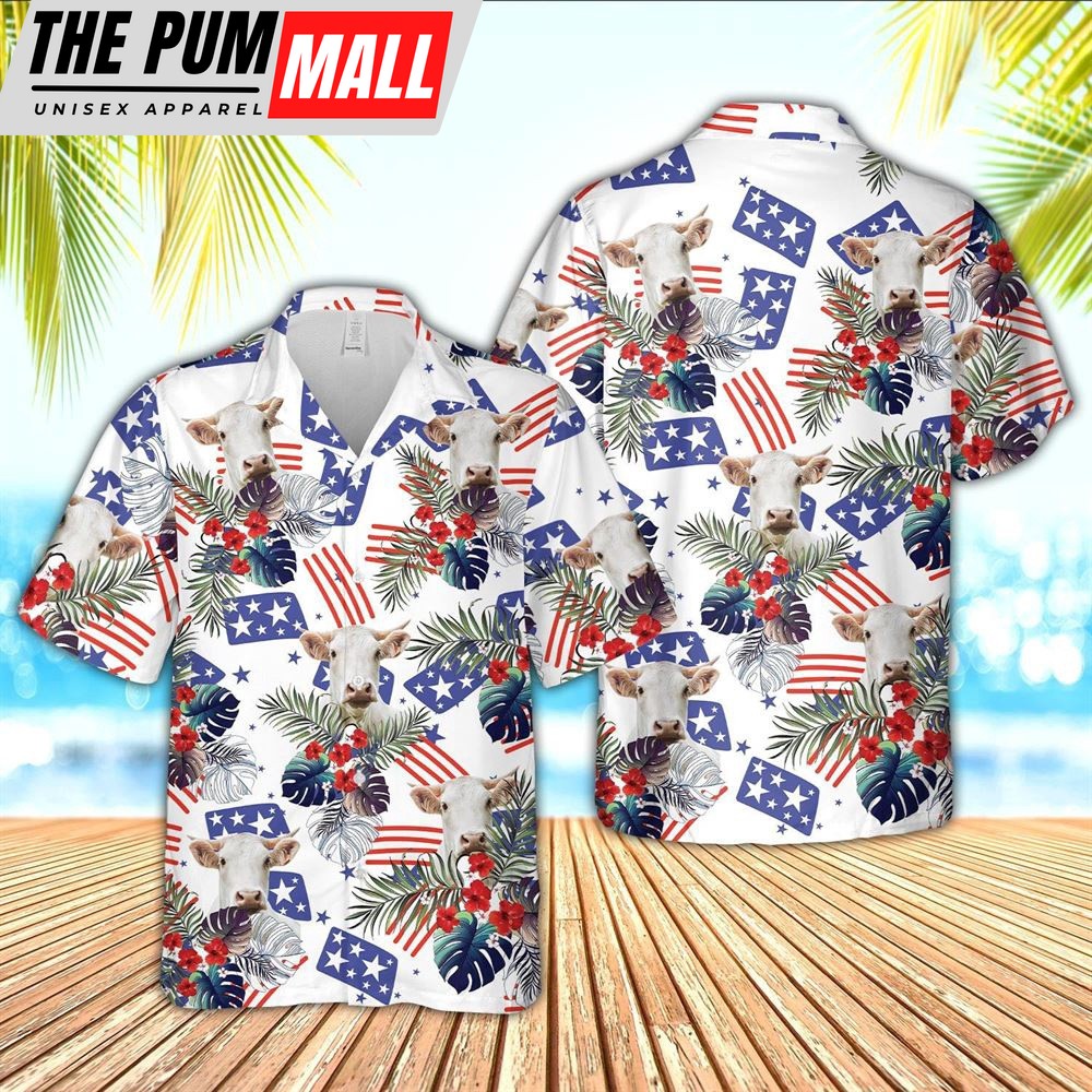 Farm Hawaiian Shirt, Charolais American Little Flowers And Flag Pattern Hawaiian Shirt, Animal Hawaiian Shirt