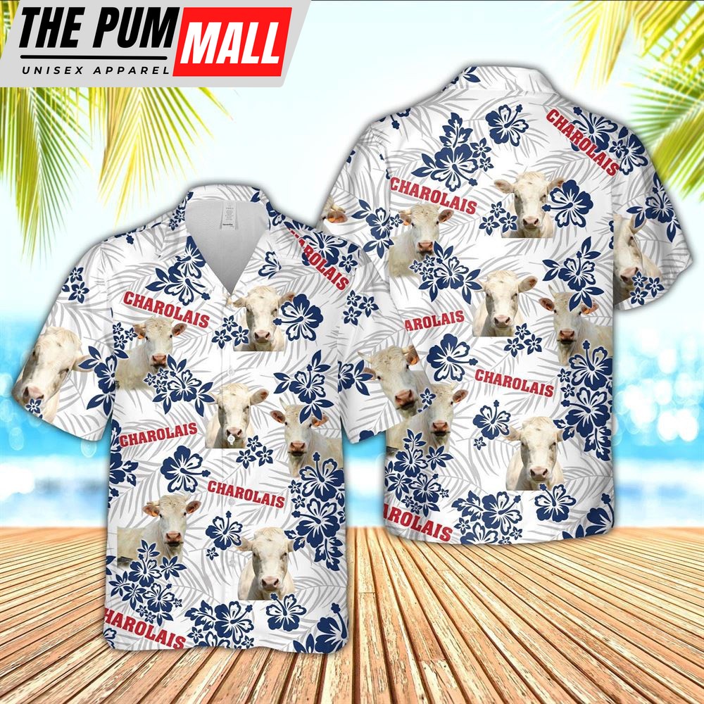 Farm Hawaiian Shirt, Charolais American White Flowers Pattern Hawaiian Shirt, Animal Hawaiian Shirt