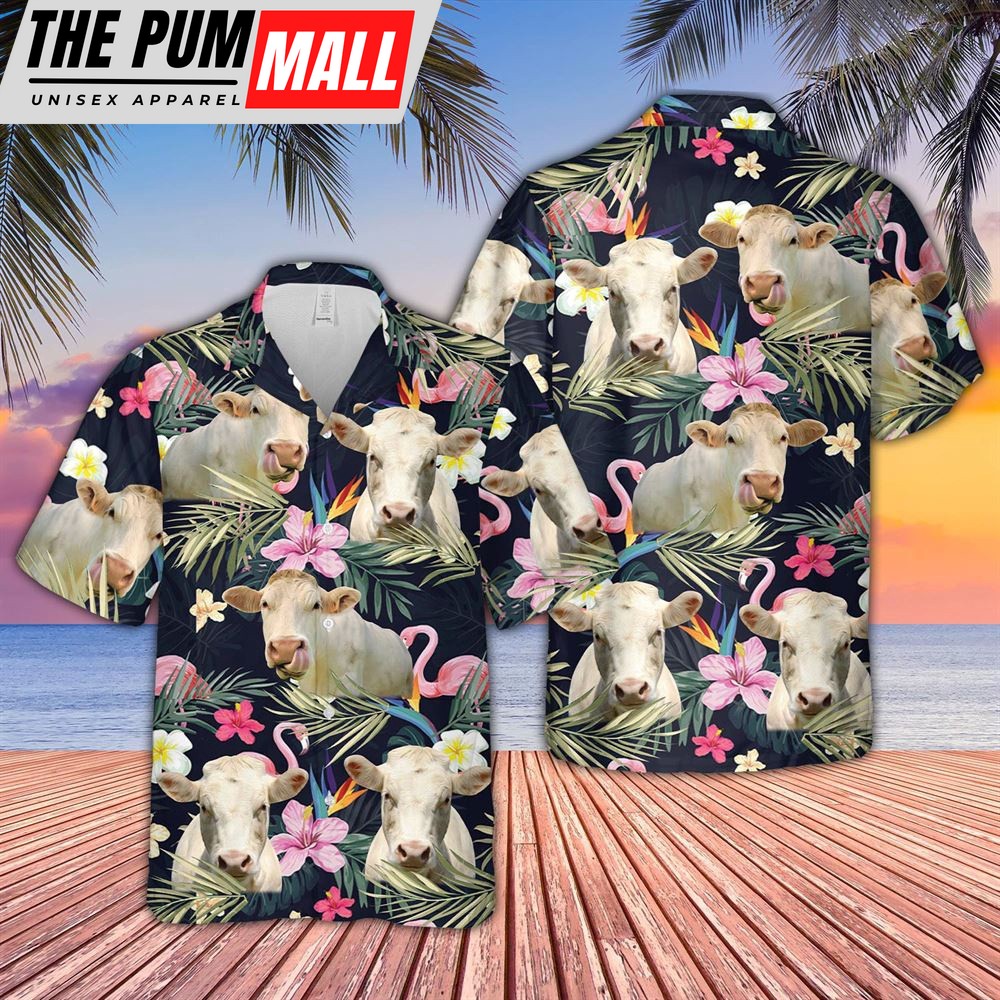 Farm Hawaiian Shirt, Charolais And Flamingo Flower Pattern 3D Hawaiian Shirt, Animal Hawaiian Shirt