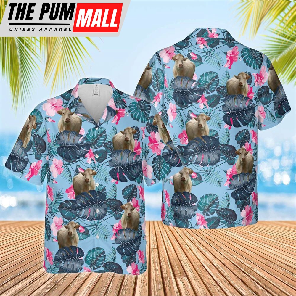 Farm Hawaiian Shirt, Charolais Blue Hibiscus Hawaiian Shirt, Animal Hawaiian Shirt