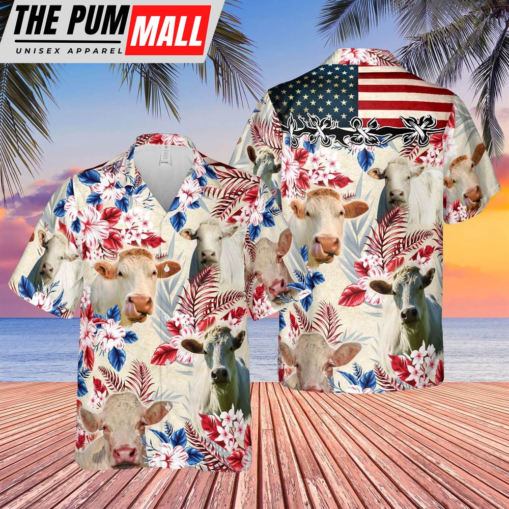 Farm Hawaiian Shirt, Charolais Cattle American Flag Hawaiian Flowers All Over Printed 3D Hawaiian Shirt, Animal Hawaiian Shirt