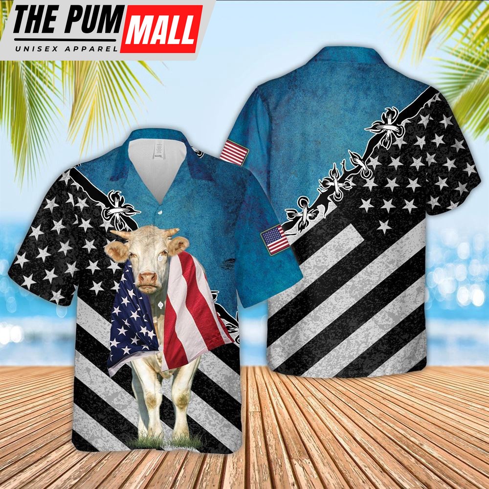 Farm Hawaiian Shirt, Charolais Cattle American Flag Hawaiian Shirt, Animal Hawaiian Shirt