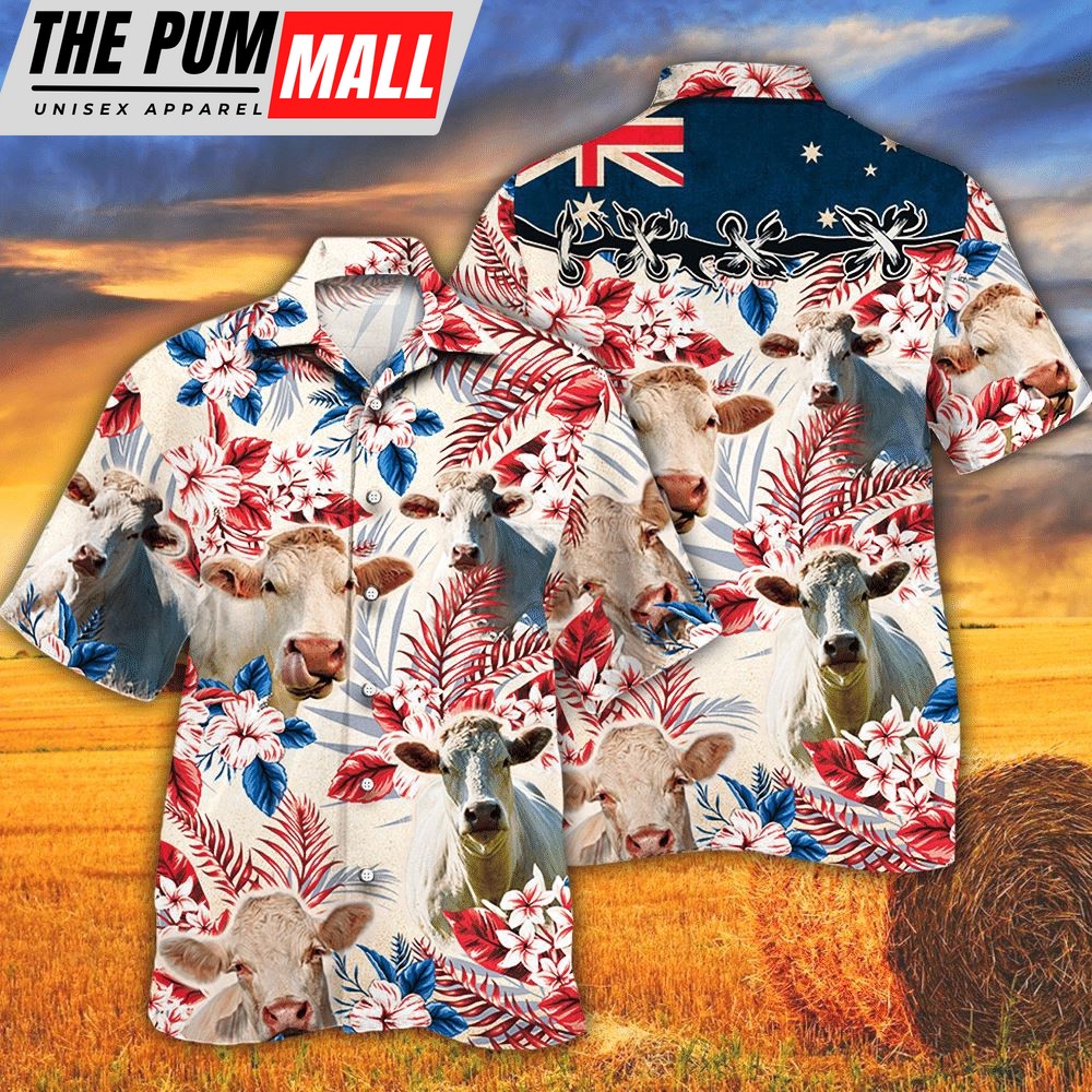Farm Hawaiian Shirt, Charolais Cattle Australian Flag Hawaiian Flowers All Over Printed 3D Hawaiian Shirt For Men Women, Animal Hawaiian Shirt
