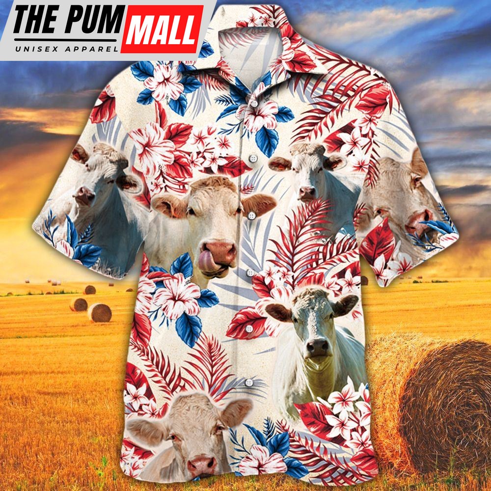 Farm Hawaiian Shirt, Charolais Cattle Australian Flag Hawaiian Flowers All Over Printed 3D Hawaiian Shirt, Animal Hawaiian Shirt